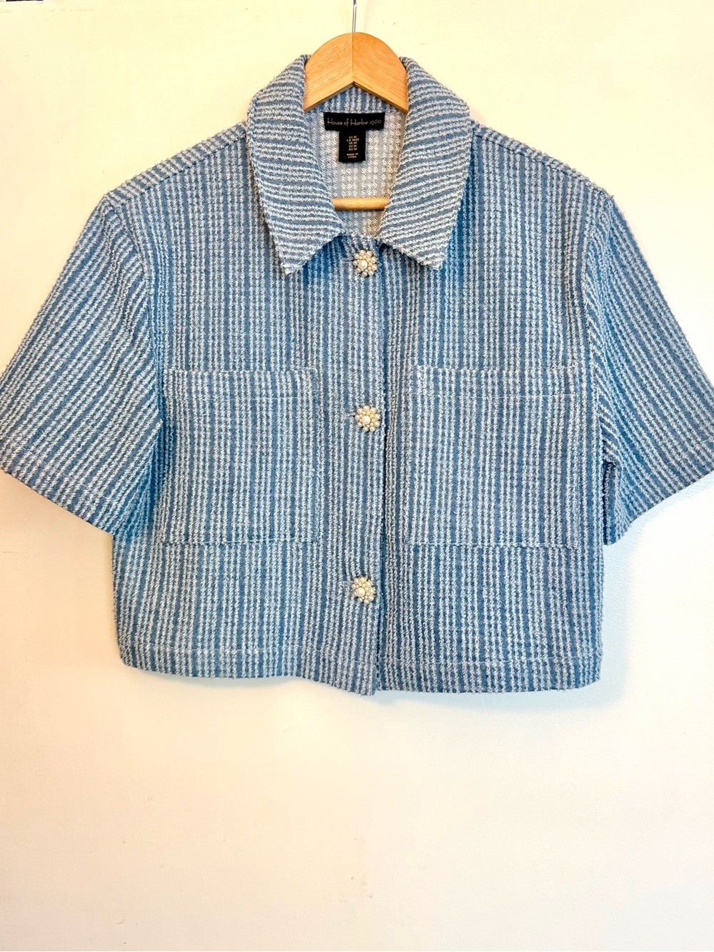 House of Harlow 1960 Short Sleeve Tweed Crop Jacket/Top with Pearl Buttons Sz M